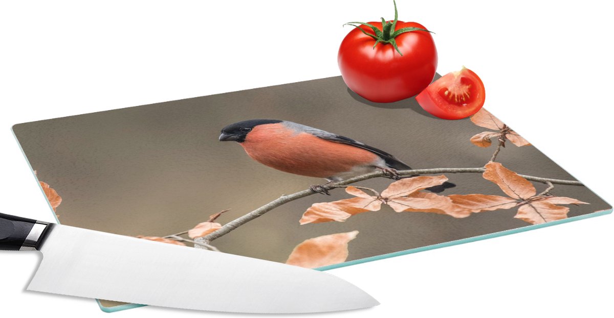 Glazen Snijplank - 28x20 - Vogel - Bladeren - Herfst - Goudvink - - Snijplanken Glas