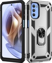 Mobigear Hoesje geschikt voor Motorola Moto G31 Telefoonhoesje Hardcase | Mobigear Armor Ring Backcover Shockproof met Ringhouder | Schokbestendig Moto G31 Telefoonhoesje | Anti Shock Proof - Zilver