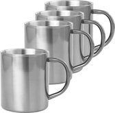 Set van 4x stuks koffie drinkbekers/mokken zilver metallic RVS 280 ml - Mokken/bekers voor hete drankjes of outdoor