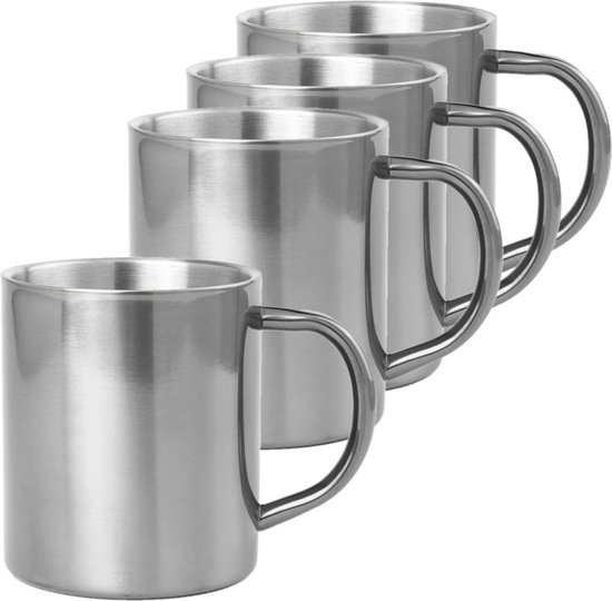 Set van 4x stuks koffie drinkbekers/mokken zilver metallic RVS 280 ml - Mokken/bekers voor hete drankjes of outdoor