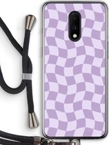 Case Company® - Hoesje met koord geschikt voor OnePlus 7 hoesje met Koord - Grid Paars - Telefoonhoesje met Zwart Koord - Bescherming aan alle Kanten en Over de Schermrand