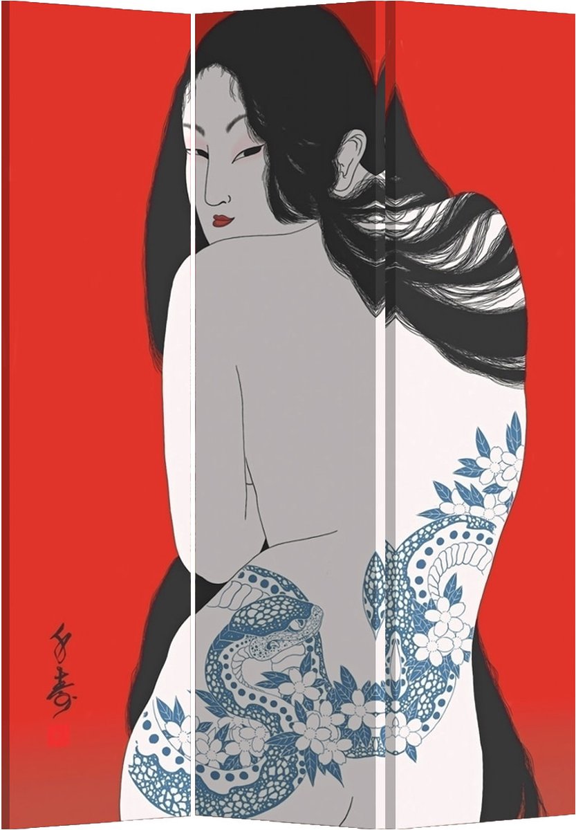 Fine Asianliving Japans Kamerscherm Scheidingswand B120xH180cm 3 Panelen Tattoo Vrouw Multicolour
