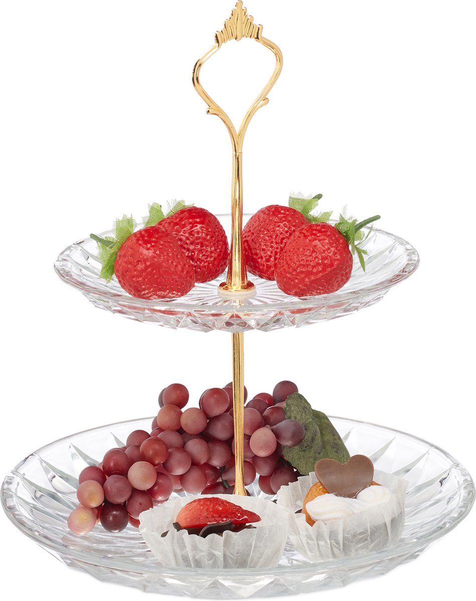 etagère - 2 etages - 23 x 20 cm - glas - ijzer - ronde serveerschaal - fruit - cupcakes