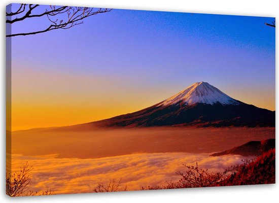 Trend24 - Canvas Schilderij - Mount Fuji Badend In Zonlicht - Schilderijen - Landschappen - Blauw
