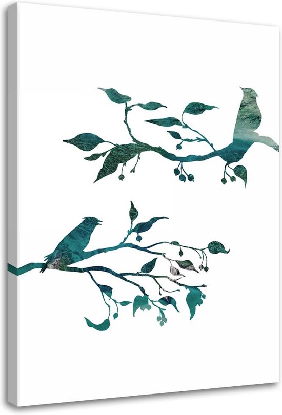 Trend24 - Canvas Schilderij - Vogels Op Een Takje - Schilderijen - Dieren - 60x90x2 cm - Groen