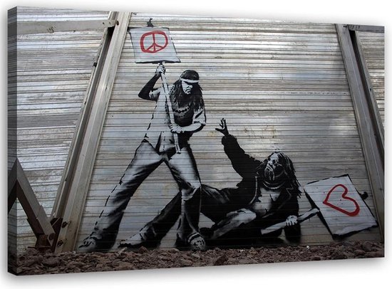 Trend24 - Canvas Schilderij - Vechtende Vrede Met Liefdesmurctie Banksy - Schilderijen - Voor Jongeren - 90x60x2 cm - Grijs