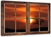 Trend24 - Canvas Schilderij - Window - Sunset - Schilderijen - Landschappen - 120x80x2 cm - Oranje