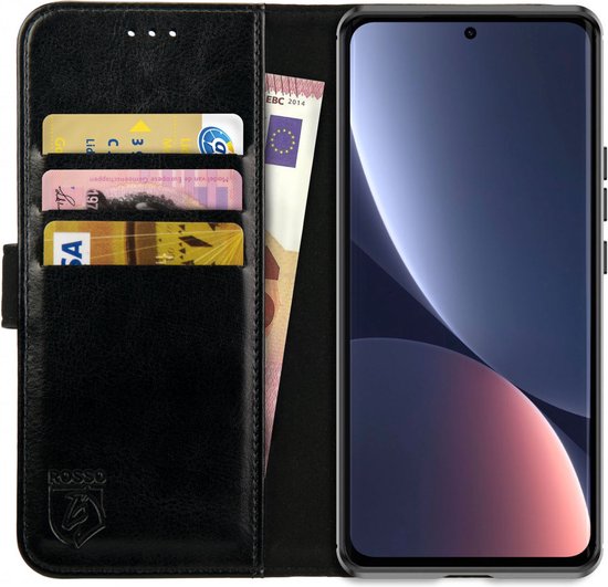 Rosso Element Book Case Wallet Hoesje Geschikt voor Xiaomi 12 Pro | Portemonnee | 3 Pasjes | Magneetsluiting | Stand Functie | Zwart