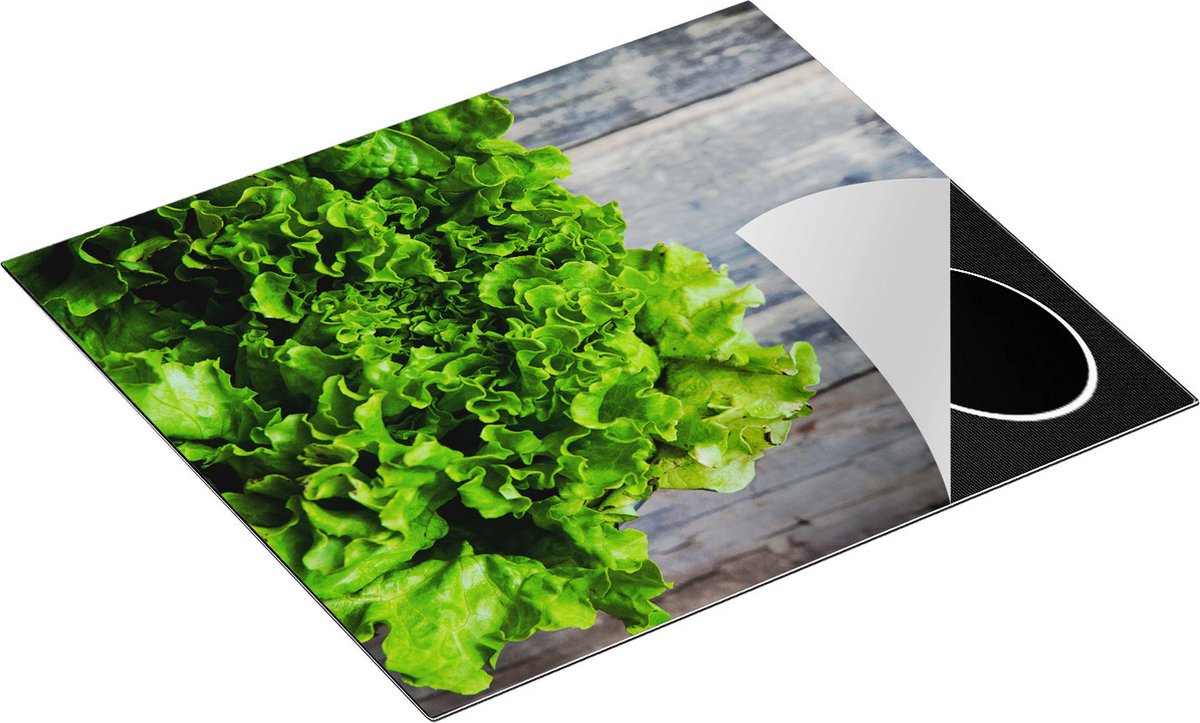 Chefcare Inductie Beschermer Groene Sla op een Houten Achtergrond - 59x51 cm - Afdekplaat Inductie - Kookplaat Beschermer - Inductie Mat