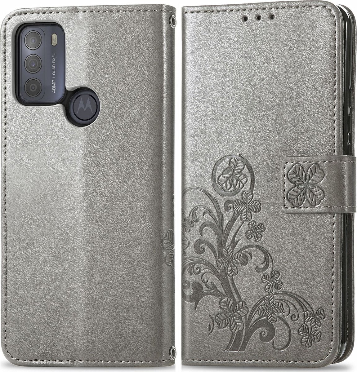 Mobigear Telefoonhoesje geschikt voor Motorola Moto G50 Hoesje | Mobigear Clover Bookcase Portemonnee | Pasjeshouder voor 3 Pasjes | Telefoonhoesje voor Pinpas / OV Kaart / Rijbewijs - Grijs