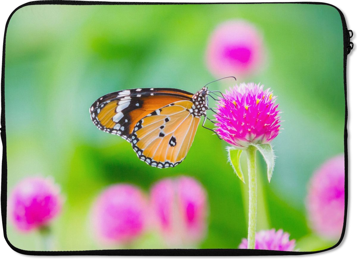 Laptophoes 13 inch - Landelijk - Vlinder - Distel - Bloem - Laptop sleeve - Binnenmaat 32x22,5 cm - Zwarte achterkant