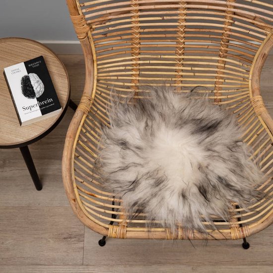 WOOOL® Schapenvacht Chairpad - IJslands Wit Zwart (38cm) ROND - Stoelkussen - 100% Echt - Eenzijdig
