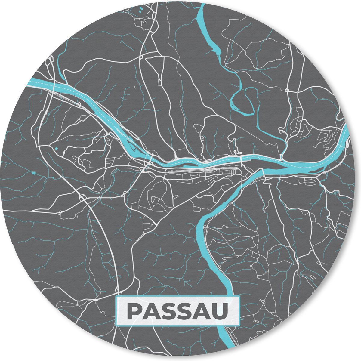 Muismat - Mousepad - Rond - Kaart – Plattegrond – Stadskaart – Passau – Duitsland – Blauw - 30x30 cm - Ronde muismat