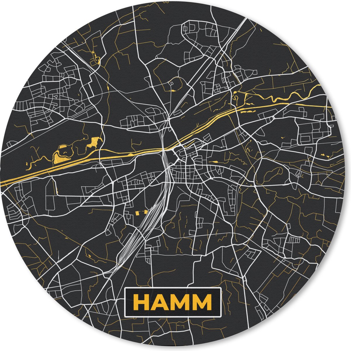 Muismat rond 40x40 cm - Mousepad Hamm - Plattegrond - Black and Gold - Duitsland - Kaart - Goud - Stadskaart - Ronde muismatten - Stadskaart