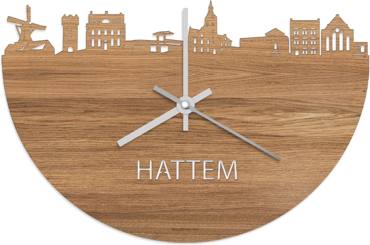 Skyline Klok Hattem Eikenhout - Ø 40 cm - Stil uurwerk - Wanddecoratie - Meer steden beschikbaar - Woonkamer idee - Woondecoratie - City Art - Steden kunst - Cadeau voor hem - Cadeau voor haar - Jubileum - Trouwerij - Housewarming - WoodWideCities
