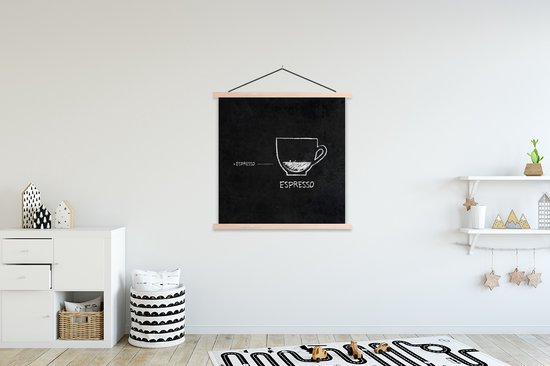 Posterhanger incl. Poster 120x120 cm - Schoolplaat - Espresso - Quotes - Retro - Koffie - Tekst - Textielposter - Blanke latten