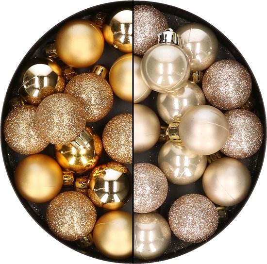 28x morceaux de petites boules de Noël en plastique champagne et or 3 cm