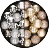28x stuks kleine kunststof kerstballen zilver en champagne 3 cm - kerstversiering