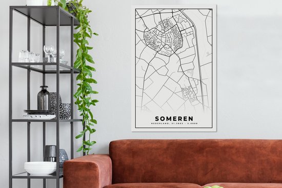 Peinture sur toile Someren - Plan de la ville - Wit - Plan d'étage - Carte - Nederland - 80x120 cm - Décoration murale