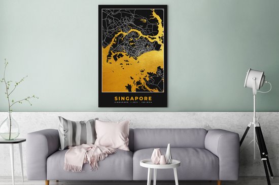 Tableau sur toile Singapour - Plan de la ville - Or - Carte - Carte - 80x120 cm - Décoration murale