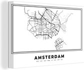 Canvas Schilderij Nederland – Amsterdam – Stadskaart – Kaart – Zwart Wit – Plattegrond - 120x80 cm - Wanddecoratie