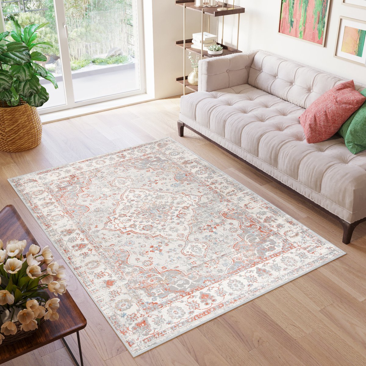 Tapiso Valley Vloerkleed Oranje Grijs Laagpolig Vintage Tapijt Maat- 80x150 Grijs2
