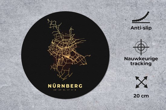 Ronde zwarte muismat met een gouden plattegrond van Nürnberg. Afmeting 20 cm.