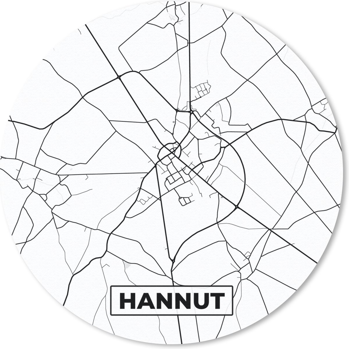 Muismat rond 30x30 cm - Mousepad Stadskaart – Plattegrond – België – Zwart Wit – Hannut – Kaart - Ronde muismatten - Stadskaart