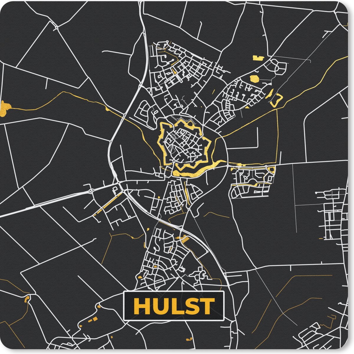 Muismat 20x20 cm - Mousepad Hulst - Stadskaart - Black and Gold - Plattegrond - Kaart - Muismatten - Stadskaart