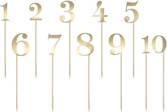 Gouden taartcijfers 1 tot en met 10 op houten prikkers.
