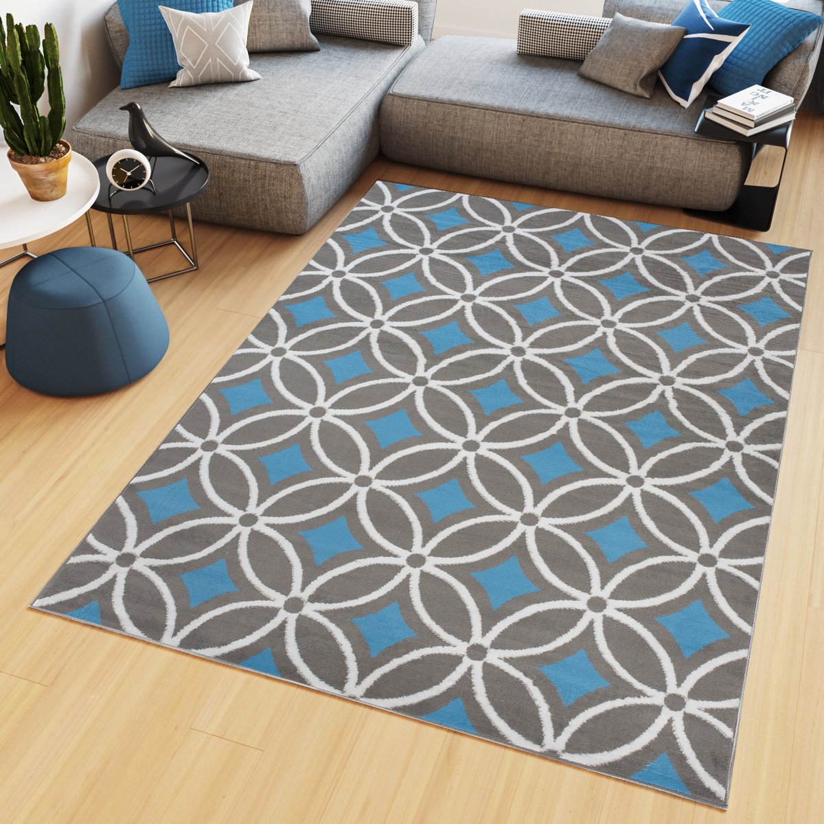 Tapiso Maya Vloerkleed Blauw Grijs Gebloemd Tapijten Maat- 200x200 Blauw Lichtgrijs