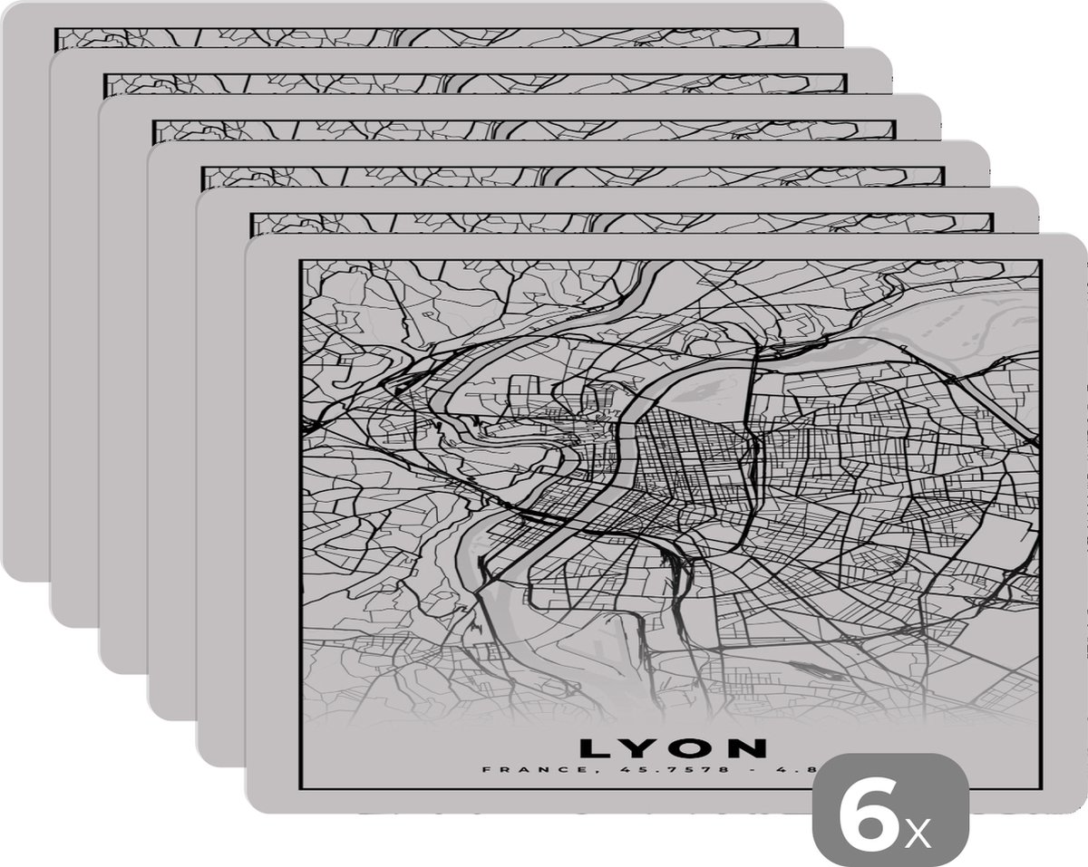 Placemat - Placemats kunststof - Lyon - Stadskaart - Plattegrond - Kaart - Frankrijk - Zwart wit - 45x30 cm - 6 stuks - Hittebestendig - Anti-Slip - Onderlegger - Afneembaar