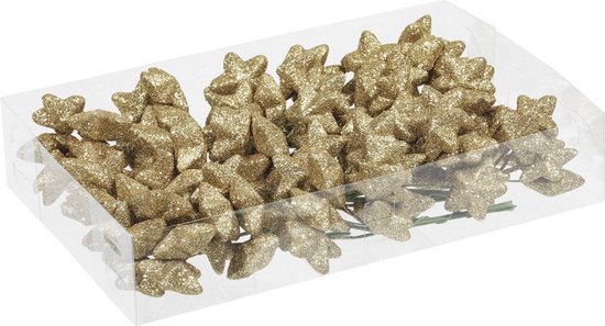 Foto: 108x gouden glitter mini sterretjes stekers kunststof 4 cm kerststukje maken onderdelen