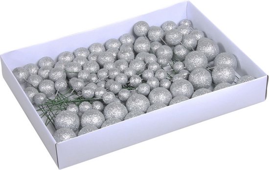 Foto: 100x zilveren glitter mini kerstballen stekers kunststof 2 3 en 4 cm kerststukje maken onderdelen