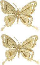 6x stuks decoratie vlinders op clip glitter goud 14 cm - Bruiloftversiering/kerstversiering decoratievlinders