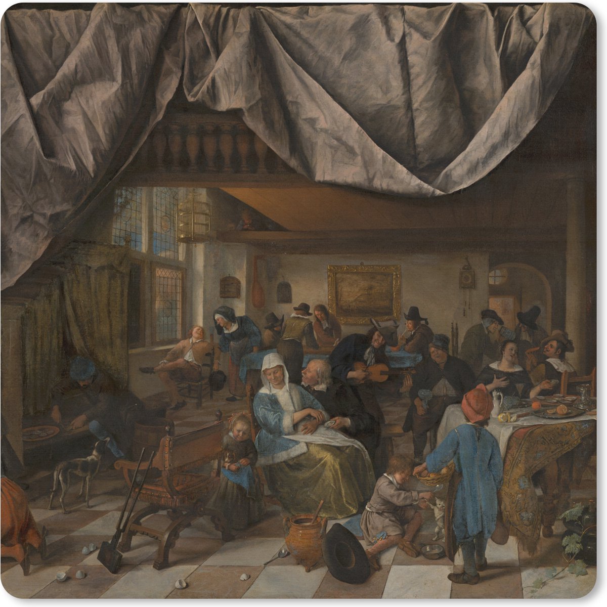 Muismat XXL 80x80 cm - Bureau onderlegger - Bureau mat Het leven van de mens - Jan Steen - Bureaumat - Gaming mousepad xl - Bureaulegger groot - Computer deskmat