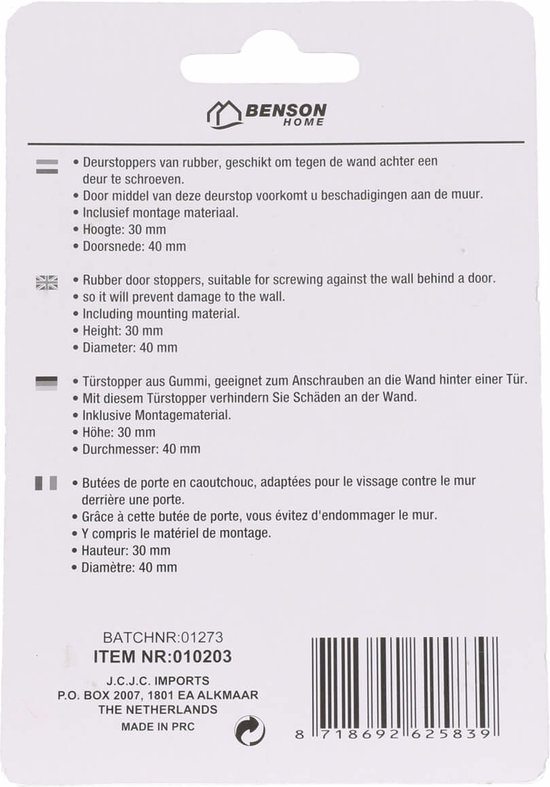Benson Deurbuffer - 2x - deurstopper - wit - rubber - 40 x 30 mm - schroefbevestiging