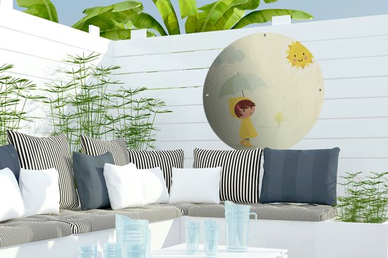 Cercle de jardin Illustration pour enfants d'une fille avec un parapluie - 60x60 cm - Poster de jardin rond - Extérieur