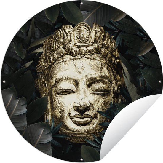 Tuincirkel Boeddha - Licht - Goud - Bladeren - 90x90 cm - Ronde Tuinposter - Buiten