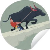 Tuincirkel Een illustratie van een man en een stier - 90x90 cm - Ronde Tuinposter - Buiten