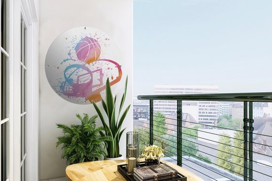 Cercle de jardin un ballon de basket et un panier illustrés à l'aquarelle - 60x60 cm - Affiche ronde de jardin - Extérieur