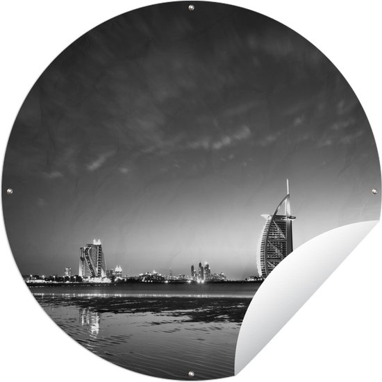 Tuincirkel Mooie Burj Al Arab en Jumeirah Beach Hotel bij zonsondergang - zwart wit - 120x120 cm - Ronde Tuinposter - Buiten XXL / Groot formaat!