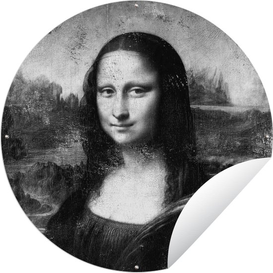 Tuincirkel Mona Lisa - Leonardo da Vinci - Zwart - Wit - 120x120 cm - Ronde Tuinposter - Buiten XXL / Groot formaat!