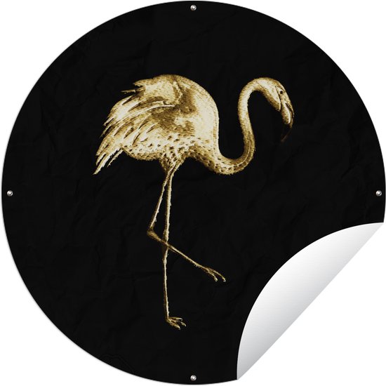 Tuincirkel Flamingo - Vogel - Goud - Zwart - 60x60 cm - Ronde Tuinposter - Buiten