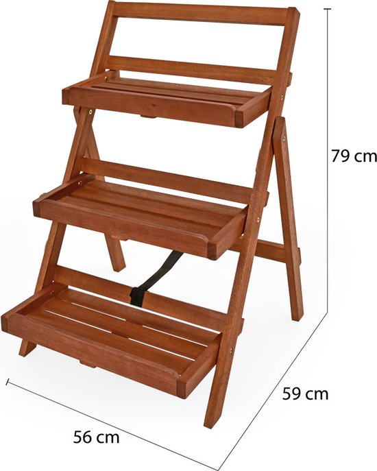 Bruin houten plantenrek met drie etages, met afmetingen 79x59x56cm.