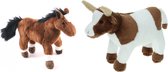 Pluche knuffel boerderijdieren set Koe en Paard van 20 cm - Zachte kinder knuffels