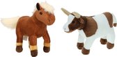Pluche knuffel boerderijdieren set Koe en Paard van 23 cm - Zachte kinder knuffels