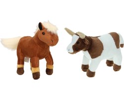 Cornelissen Pluche knuffel boerderijdieren set - Koe en een bruin Paardje - van 22 cm - Zachte kinder knuffels - cadeau