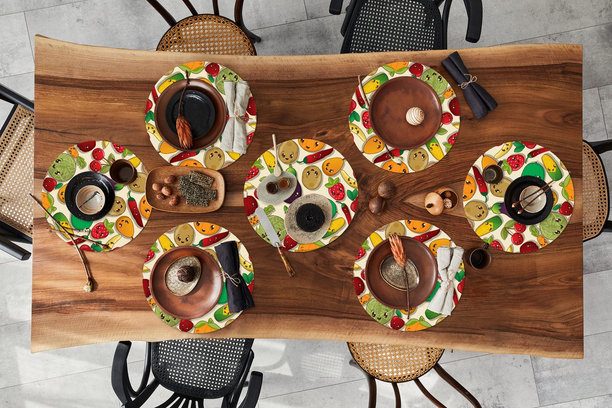 Ronde placemats - Onderlegger - Placemats rond - Kawaii - Patronen - Groente - Fruit - 8 stuks