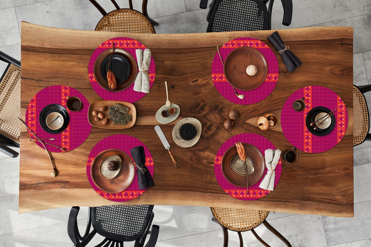 Ronde placemats - Onderlegger - Placemats rond - Olifant - Design - Roze - 6 stuks